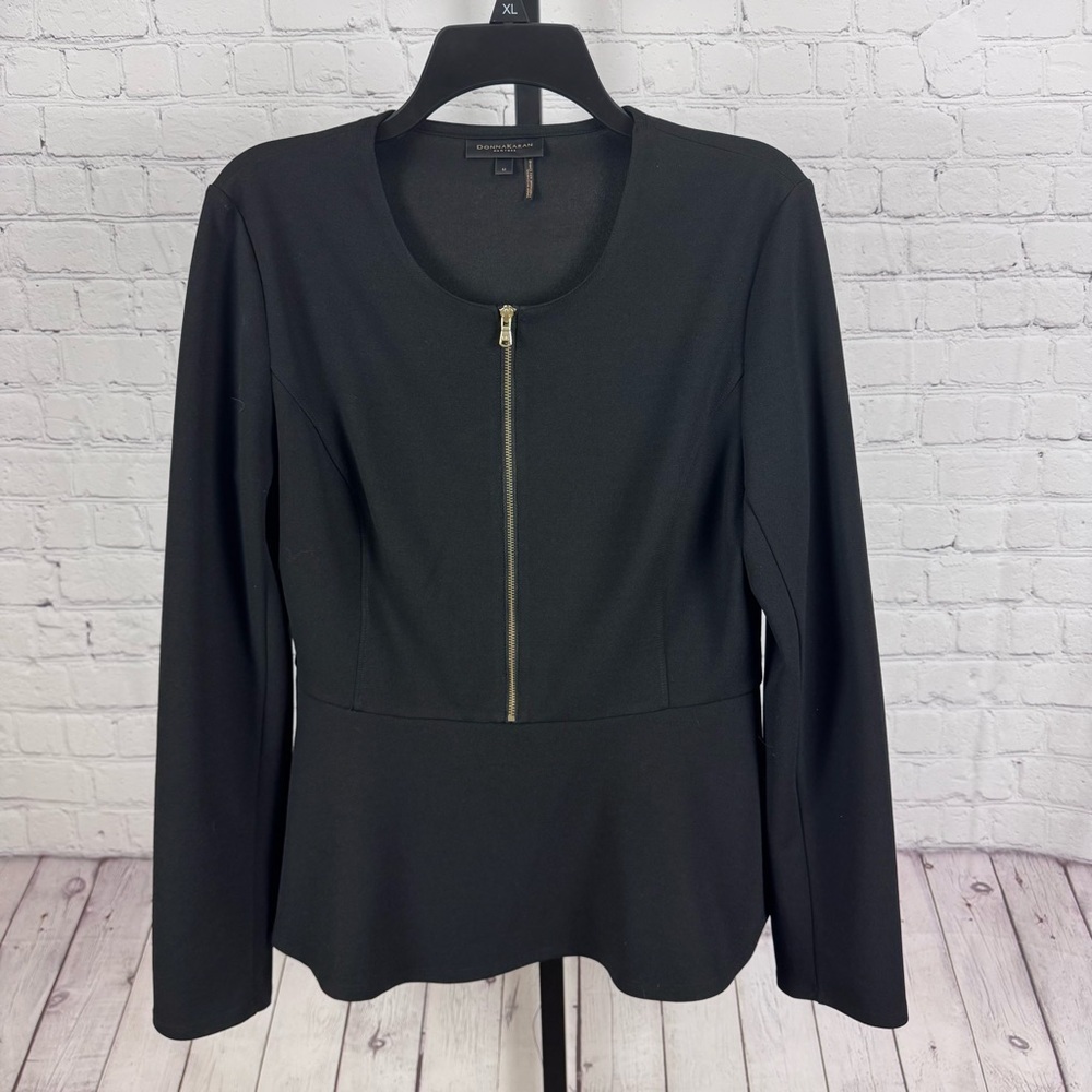 Donna Karan Black Zipper Up Peplum Ruffle Top Size Medium